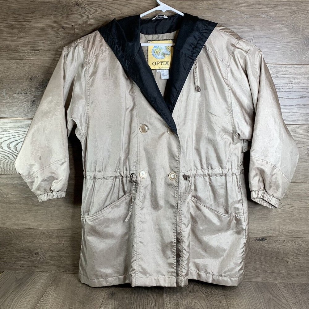 Optix by Julia Michaels Womans Windbreaker Coat Button-Up Pockets Hood Beige S - Picture 7 of 10